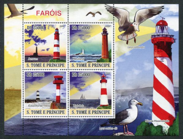 Lighthouses and Birds Mint Sheet of 4 St. Thomas & Prince Islands, 2008